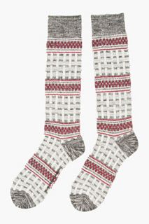 White Mountaineering Grey & Burgundy Tall Basket Patterned Knit Socks for men