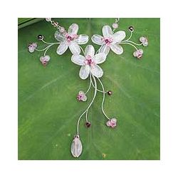 Stainless Steel Floral Rose Quartz and Garnet Necklace (Thailand