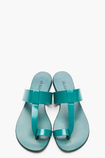 Jil Sander Teal Leather T strap Flat Sandals for women