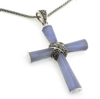 Sterling Silver Marcasite Purple Jade Cross Pendant w/ 18