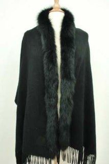 Jet Black Cashmere Cape Wrap Shawl with One Side Fox Fur