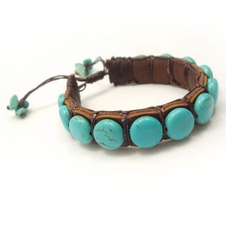 Round Turquoise Stones Leather Pull Slide Bracelet (Thailand) Today $