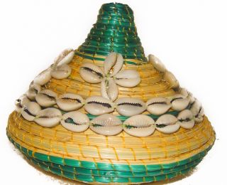 Cowrie Shell Green Round Wicker Basket (Ethiopia)