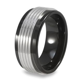 Mens Tungsten Carbide Black Ceramic Grooved Inlay Ring (9 mm