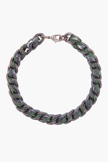 Robert Geller Dark Green Silk Woven Oxidized Brass Bracelet for men