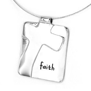 Silvertone Embossed Cross and faith Message Pendant Necklace