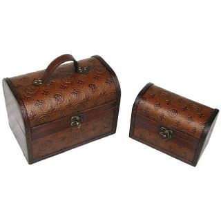 Travel Jewelry & Keepsake Box in Aged Mahogany & Brown Leather (Set of