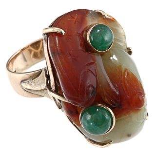 14k Yellow Gold Carved Jade and Emerald Sea Lion Estate Ring