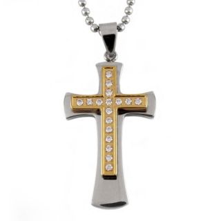 Two tone Stainless Steel Cubic Zirconia Multi layer Cross Necklace