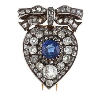Silver/ Gold Sapphire and 4 1/2ct TDW Diamond 1800s Brooch (K L, I1