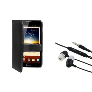 Black Leather Wallet Case/ Headset for Samsung© Galaxy Note N7000