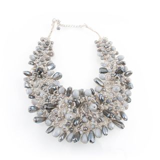 Wire woven White and Grey Glass Beads Bib Necklace (India)