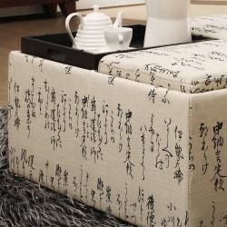 Decor Storage Japanese Script Linen Ottoman